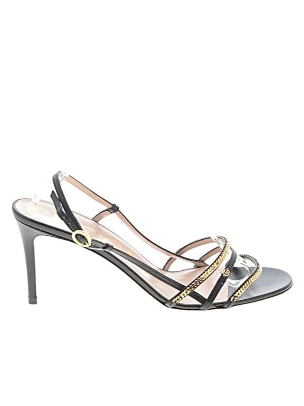 Gucci black Strappy Slingback Heels with Gold Chain Detail